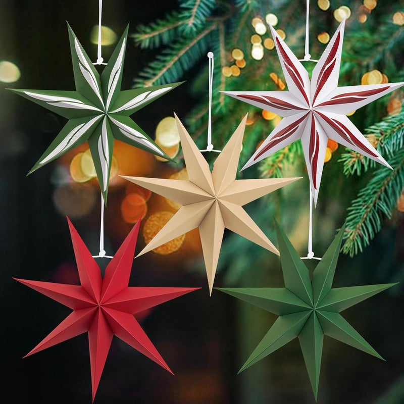 paper jazz 7-Point Paper Star Lanterns Christmas Decoration,Green and Red Christmas Hanging Ornament, Vintage Paper Star,5pcs Hanging Decor from Ceiling for Xmas,New Year,Birthday Party. - Image 2